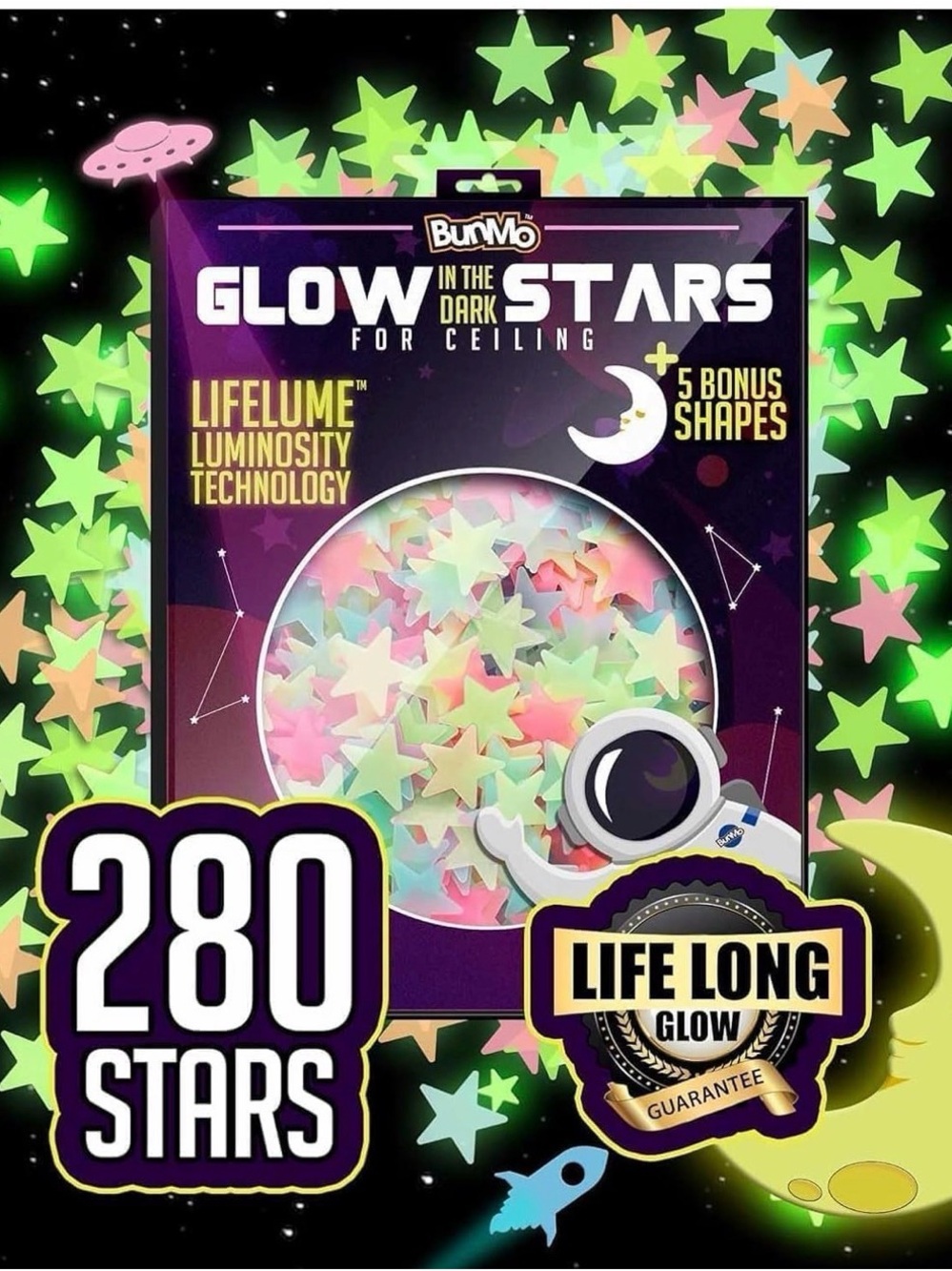 BUNMO Glow in The Dark Stars for Ceiling & Walls – 280 Piece
